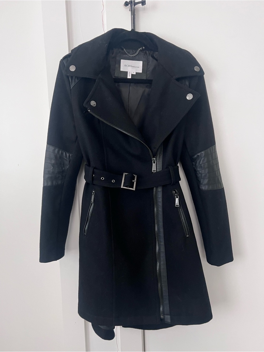 BCBGeneration Black Asymmetrical Belted Wool Trench Coat
